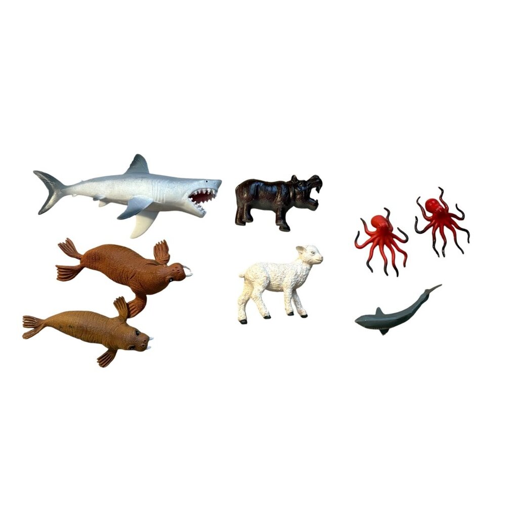 Set Of 8 Realistic Animal Figurines - Shark Hippo Lamb Walrus & Octopus Toys For